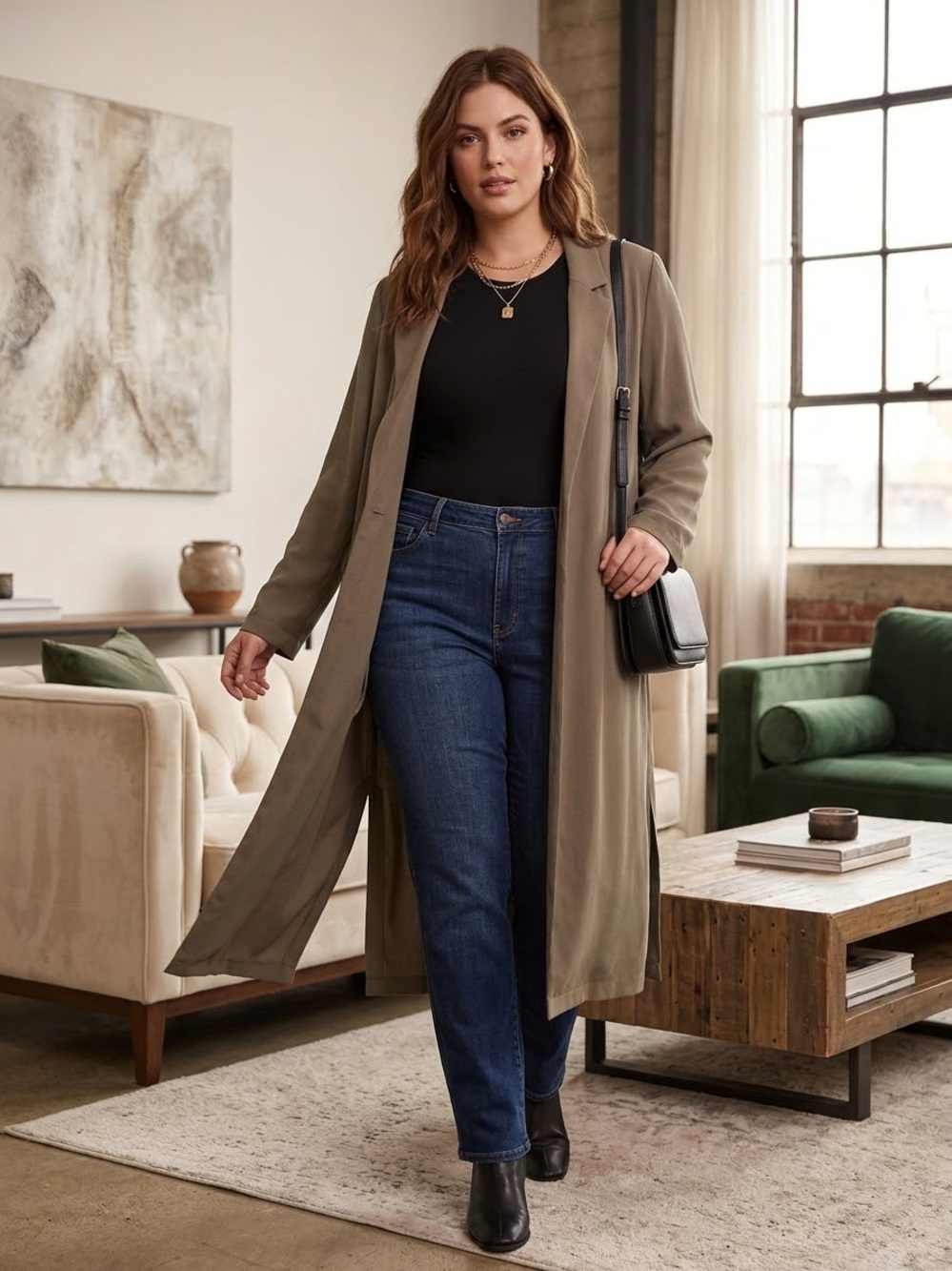 Dynamite Long Open-Front Trench Coat in Taupe